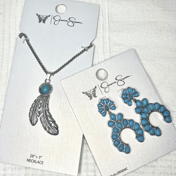 Jessica Simpson Faux Turquoise Stone Cross Necklace and Earrings Set - Picture 1 of 9